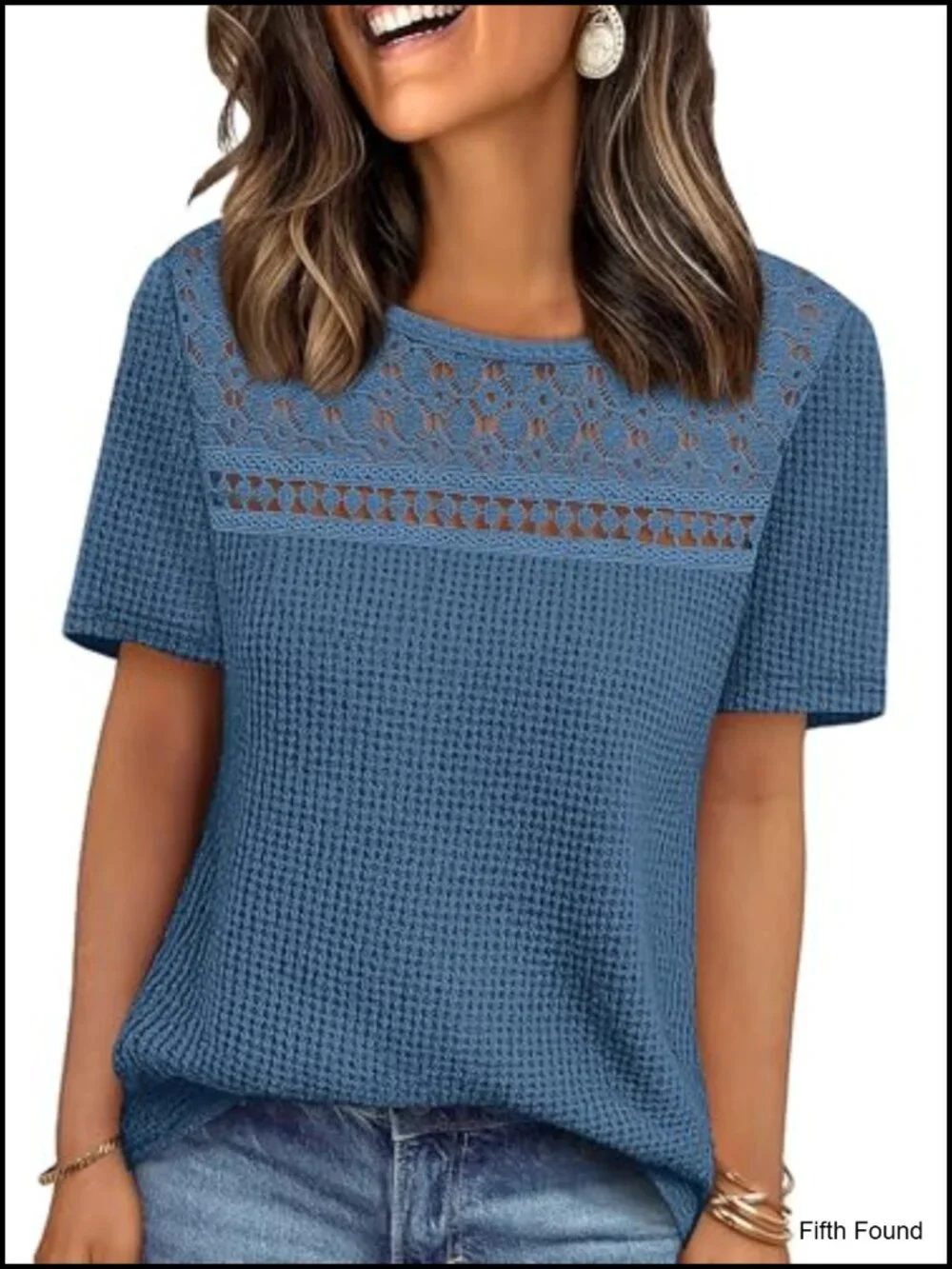 Boho Crochet Lace Waffle Knit Short Sleeve Top Crewneck Blouse Dressy Casual